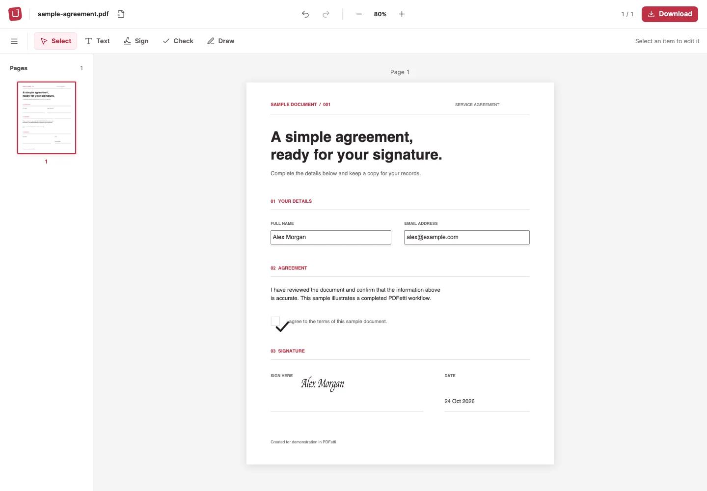 PDFetti editor showing a completed form with filled fields, a checkmark, and a signature