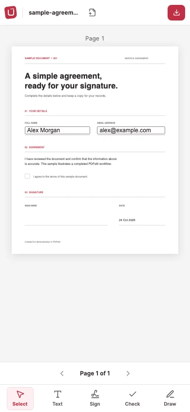 PDFetti editor on a phone showing a filled PDF form